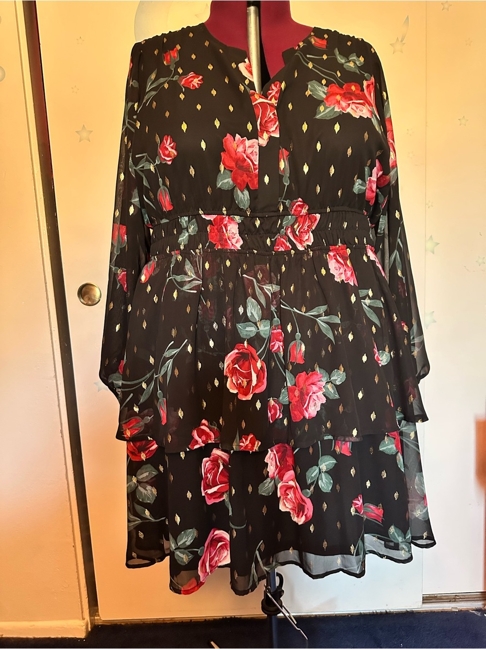 Torrid Black Floral Tiered Skater Dress with Pink Rose Print 3X